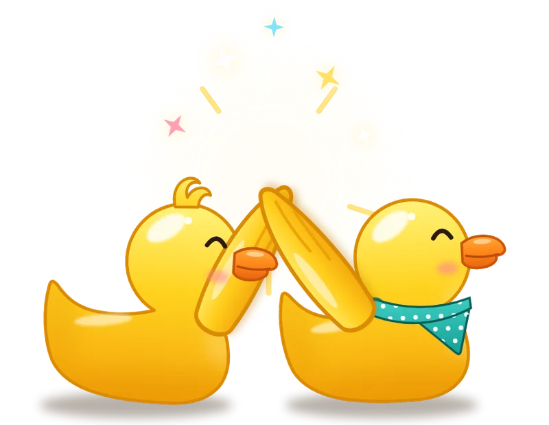 Two cartoon rubber ducks side by side, both facing the same way, high-fiving with their wings